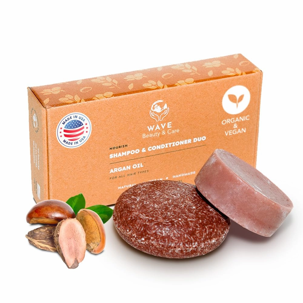 Wave Argan Oil Shampoo & Conditioner Bar Set - Sulfate Free Natural & Organic Moisturizing Vegan Shampoo and Conditioner Bars for Women & Men - Long-Lasting (80-120 Uses)