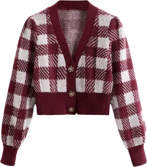 WDIRARA Women's Long Sleeve Button Front V Neck Casual Crop Cardigan Sweater