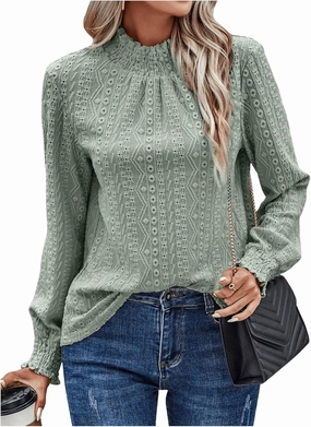 WDIRARA Women's Lace Eyelet Blouse Frill Mock Neck Vintage Top Lantern Long Sleeve Elegant Tops