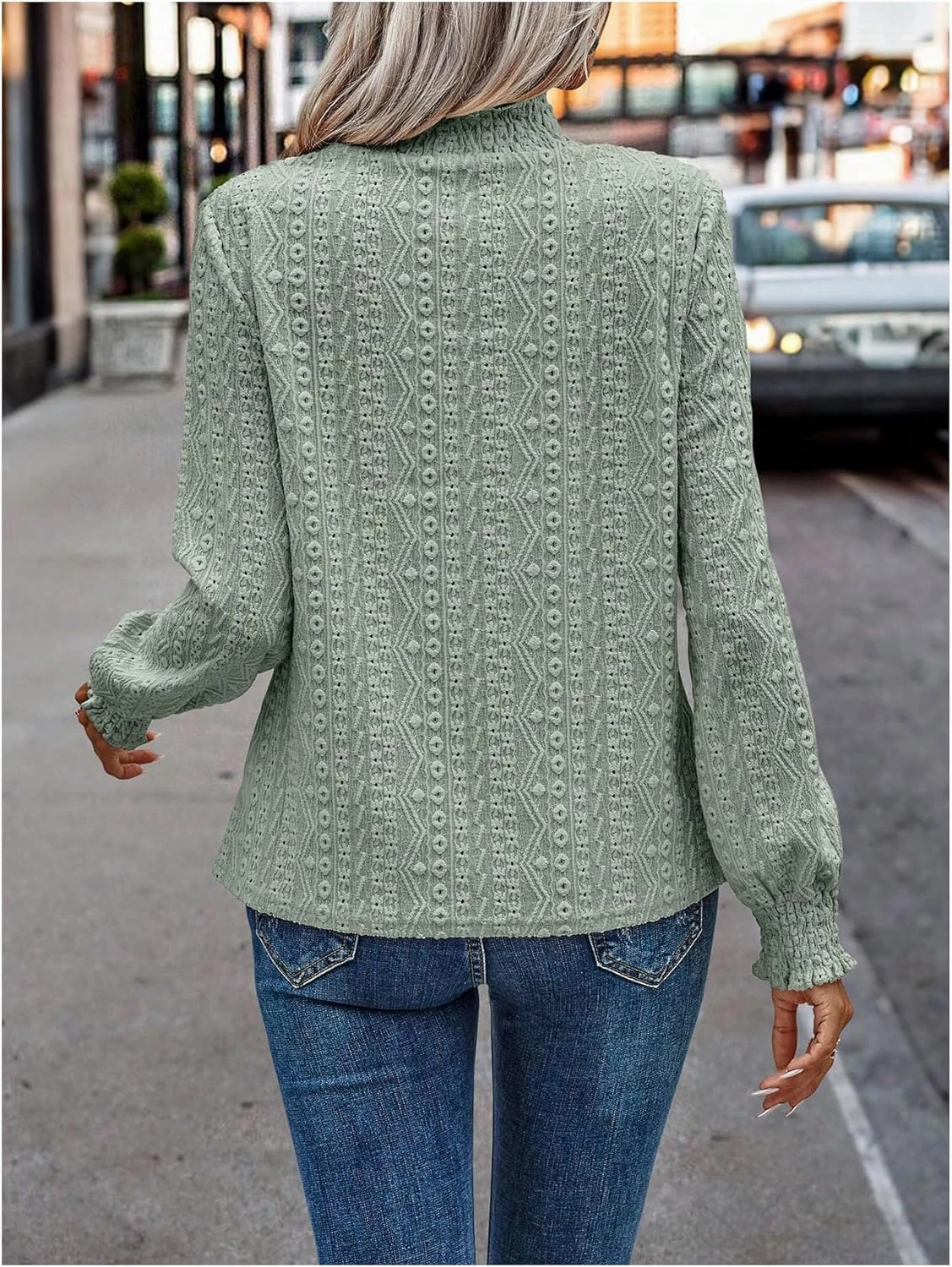 WDIRARA Women's Lace Eyelet Blouse Frill Mock Neck Vintage Top Lantern Long Sleeve Elegant Tops