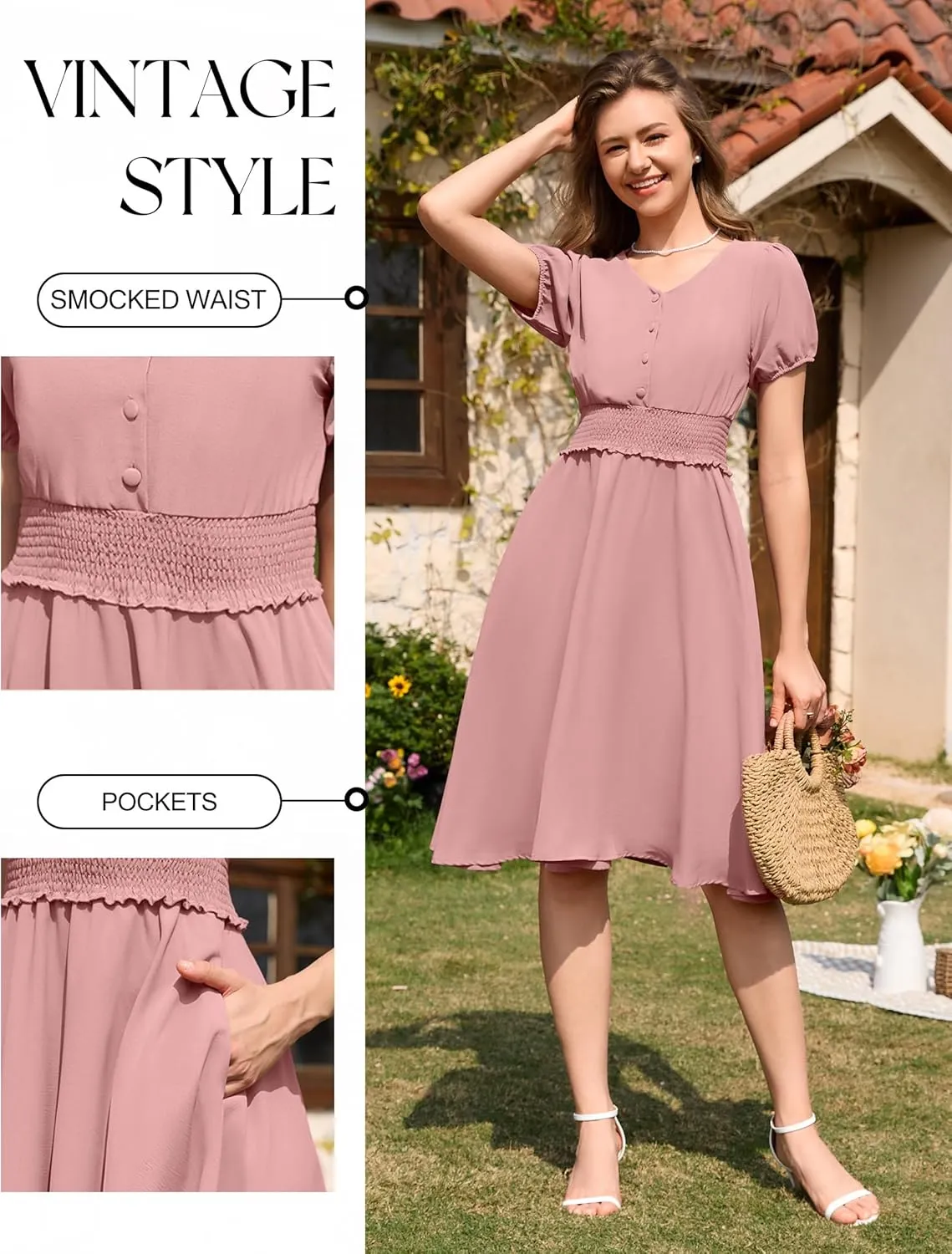 Wedtrend Vintage Dress for Women 1950s Dress Smocked Cocktail Dresses Church Retro Dresses with Pockets