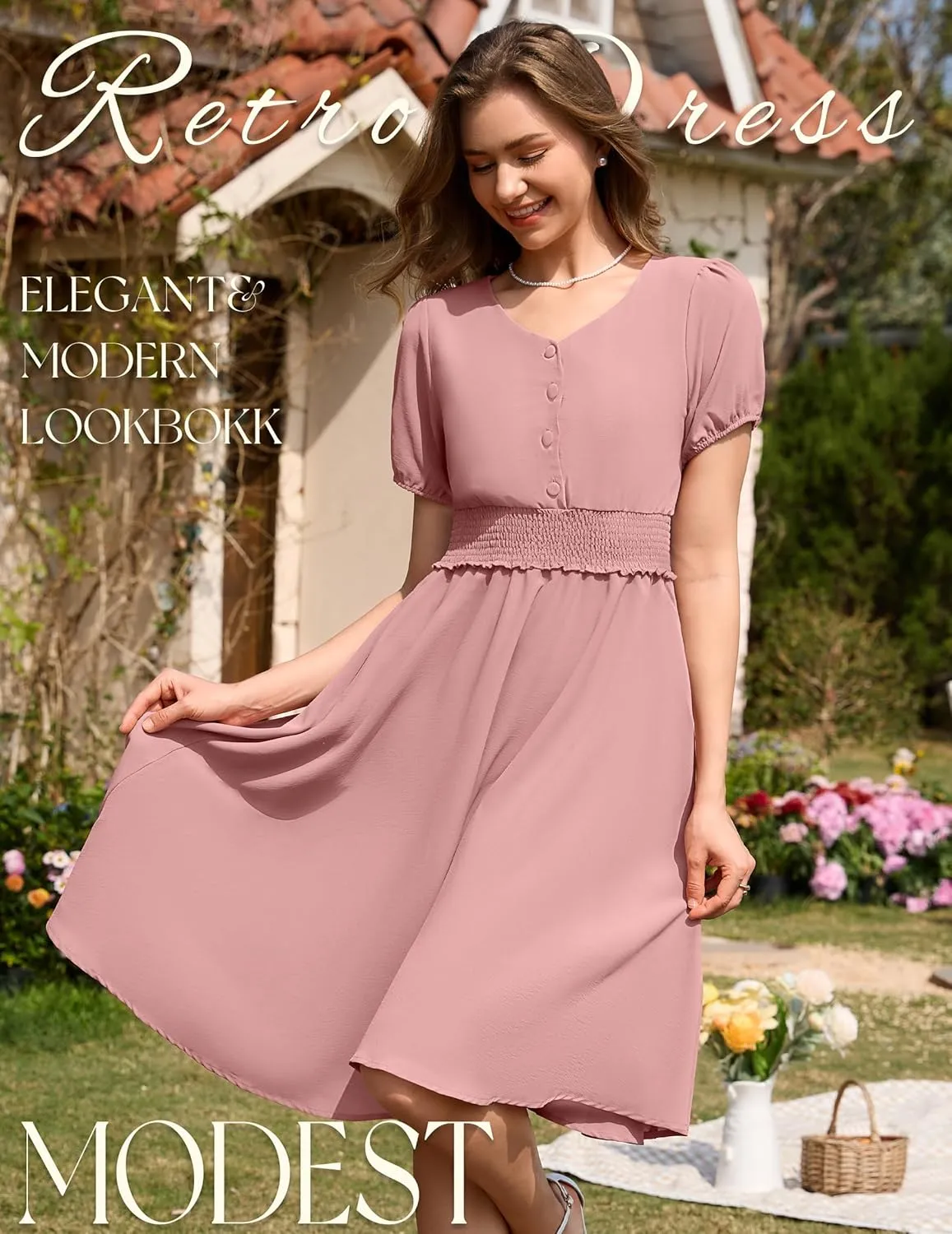 Wedtrend Vintage Dress for Women 1950s Dress Smocked Cocktail Dresses Church Retro Dresses with Pockets
