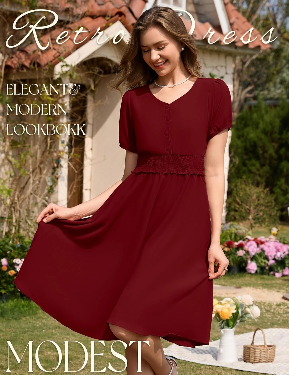 Wedtrend Vintage Dress for Women 1950s Dress Smocked Cocktail Dresses Church Retro Dresses with Pockets