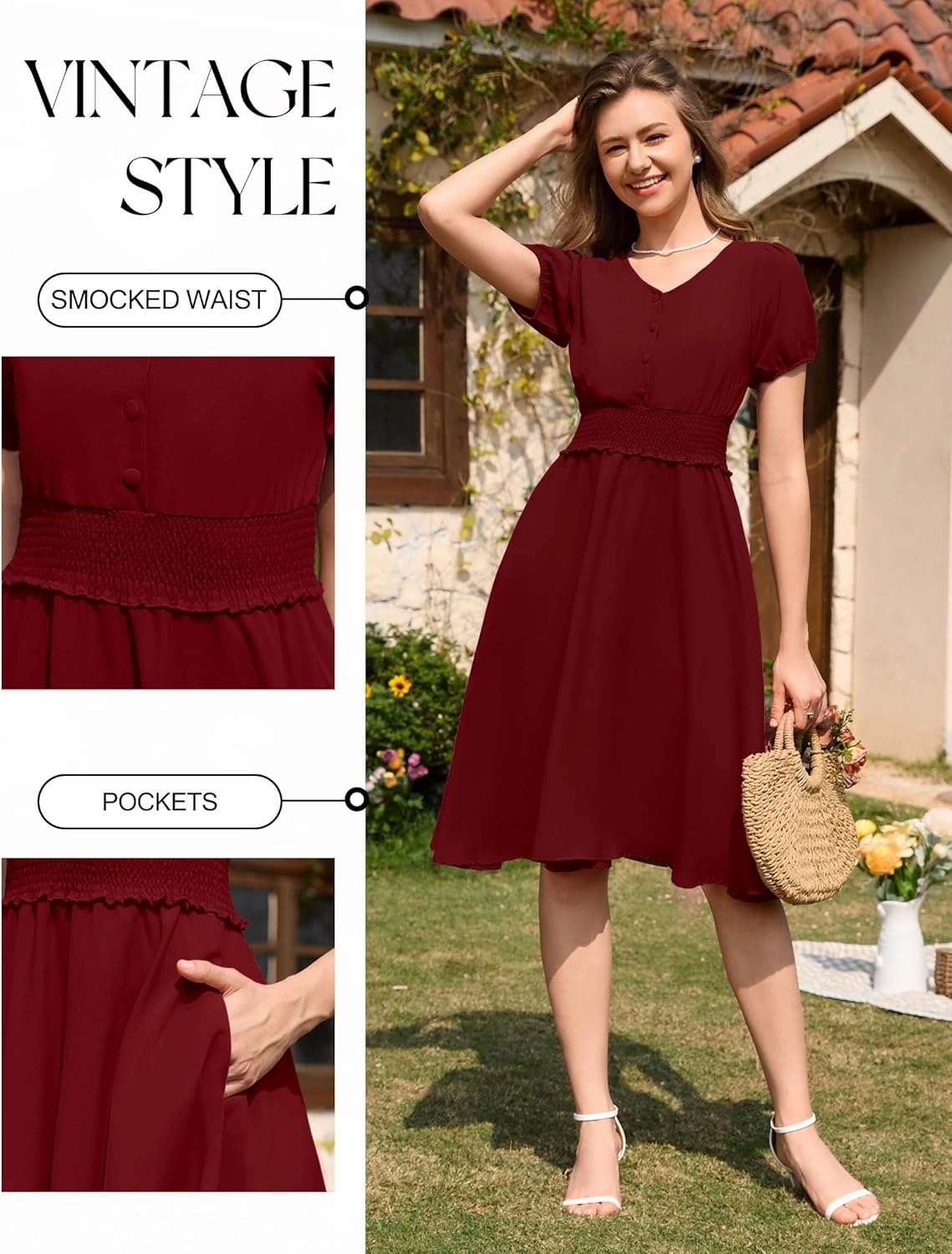 Wedtrend Vintage Dress for Women 1950s Dress Smocked Cocktail Dresses Church Retro Dresses with Pockets