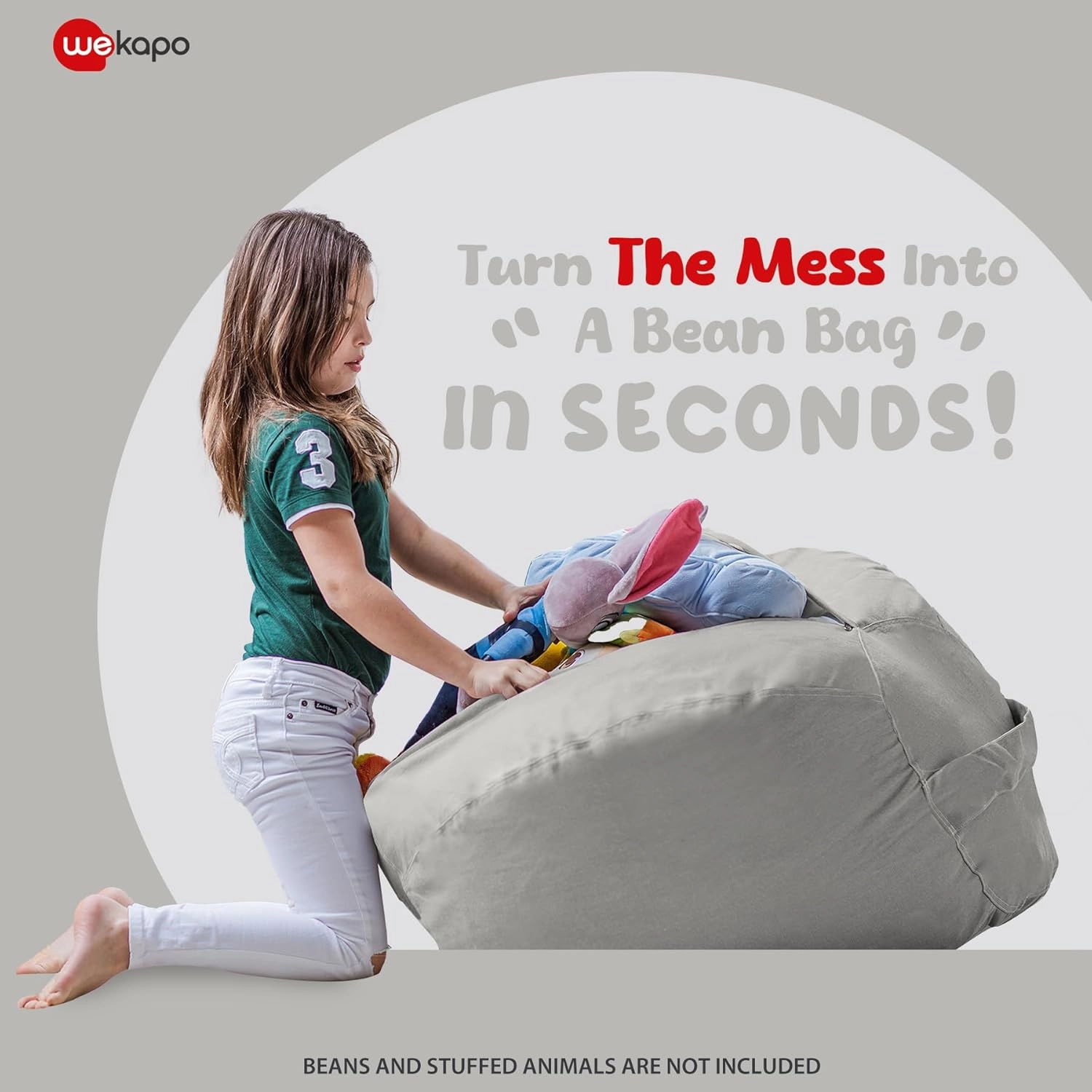 Wekapo Stuffed Animal Storage Bean Bag Chair Cover for Kids | Stuffable Zipper Beanbag for Organizing Children Plush Toys Large Premium Cotton Canvas (Solid Grey, XX-Large)