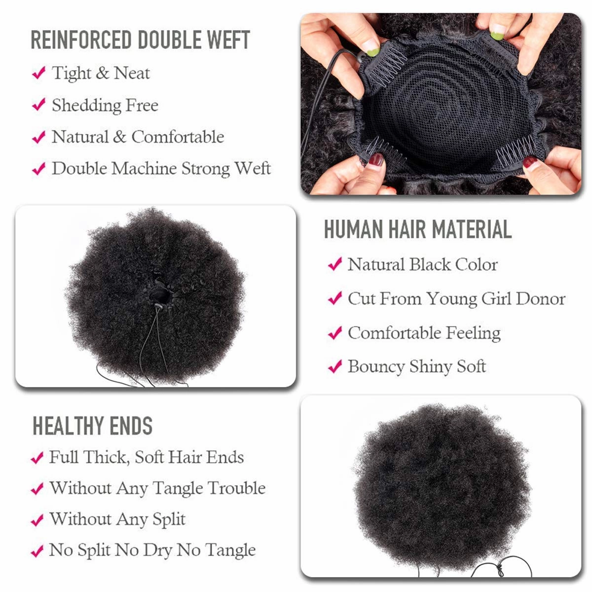 WENYU Afro Puff Drawstring Ponytail Human Hair Bun For Black Women 8A Brazilian Virgin Afro Kinky Curly Clip In Ponytail Extension Human Hair Pieces Natural Color (6 Inch, Drawstring Ponytail)