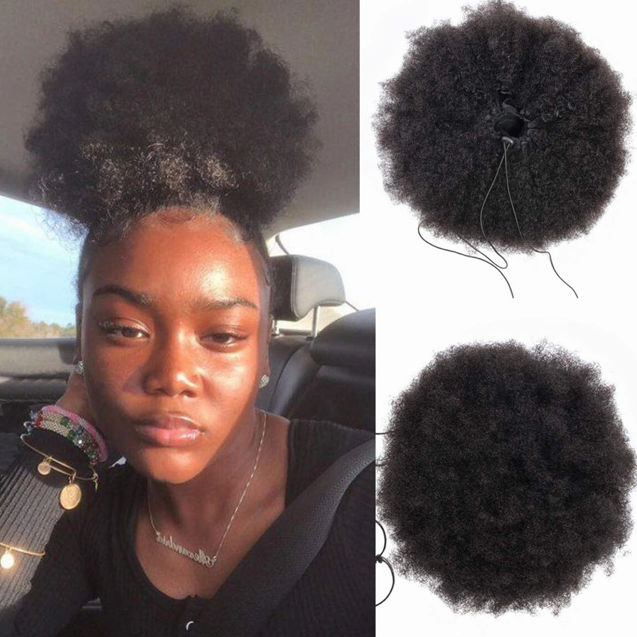 WENYU Afro Puff Drawstring Ponytail Human Hair Bun For Black Women 8A Brazilian Virgin Afro Kinky Curly Clip In Ponytail Extension Human Hair Pieces Natural Color (6 Inch, Drawstring Ponytail)