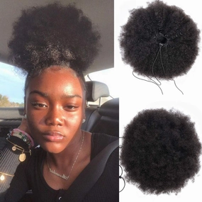 WENYU Afro Puff Drawstring Ponytail Human Hair Bun For Black Women 8A Brazilian Virgin Afro Kinky Curly Clip In Ponytail Extension Human Hair Pieces Natural Color (6 Inch, Drawstring Ponytail)