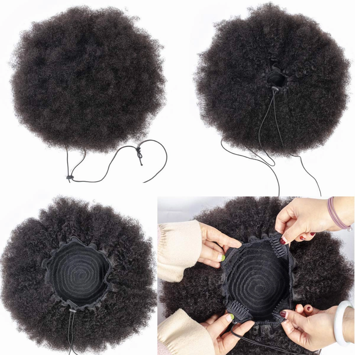 WENYU Afro Puff Drawstring Ponytail Human Hair Bun For Black Women 8A Brazilian Virgin Afro Kinky Curly Clip In Ponytail Extension Human Hair Pieces Natural Color (6 Inch, Drawstring Ponytail)