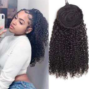 WENYU Kinky Curly Human Hair Drawstring Ponytail For Black Women 8A Brazilian Virgin Kinkys Curly Clip In Ponytail Extension Human Hair Pieces Natural Black (14 Inch, Kinky Curly Drawstring Ponytail)