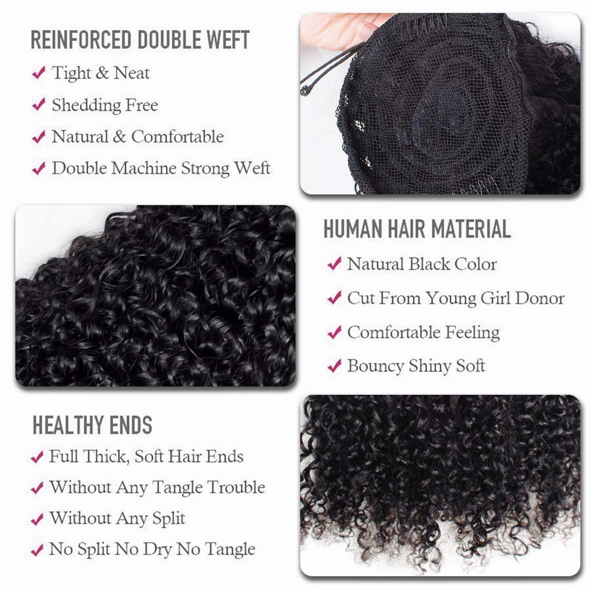 WENYU Kinky Curly Human Hair Drawstring Ponytail For Black Women 8A Brazilian Virgin Kinkys Curly Clip In Ponytail Extension Human Hair Pieces Natural Black (14 Inch, Kinky Curly Drawstring Ponytail)