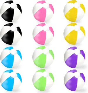 Whaline 12Pcs Inflatable Beach Ball 16 Inch Round Pool PVC Balls Cute Game Toys for Summer Hawaiian Tropical Theme Beach Party Decor (Black Pink Yellow Blue Green Purple)
