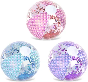 Whaline 3Pcs 16'' Mermaid Inflatable Beach Ball Glitter Pool PVC Balls Game Play Balloons for Summer Hawaiian Tropical Theme Beach Party Decorations Water Sand Game Accessory, Pink Blue Purple