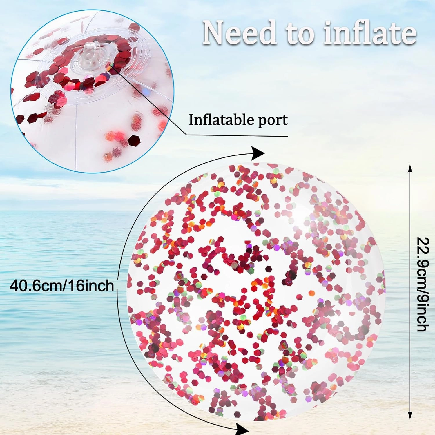 Whaline 16Pcs 16'' Glitter Inflatable Beach Balls Round Pool PVC Balls Cute Game Toys for Summer Hawaiian Tropical Theme Beach Party Decoration