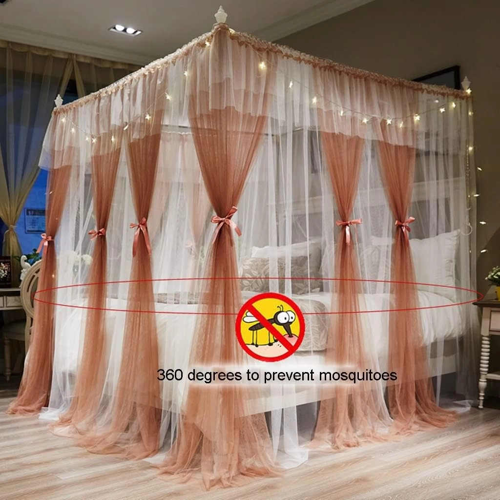 White Bed Canopy with LED Light, Luxury Double Layer Mosquito Net with Stabilizer Support (Multi Coloured)