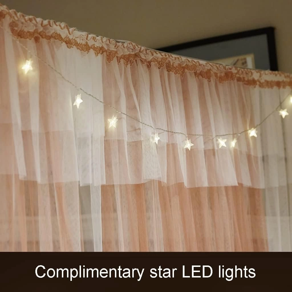 White Bed Canopy with LED Light, Luxury Double Layer Mosquito Net with Stabilizer Support (Multi Coloured)