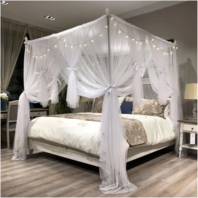 White Bed Canopy with LED Light, Luxury Double Layer Mosquito Net with Stabilizer Support (Multi Coloured)