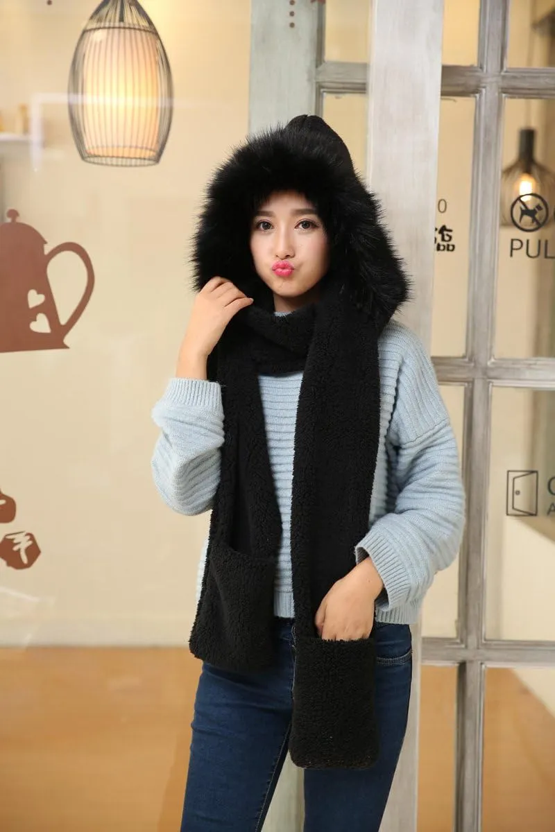 Winter Warm Women Hoodie Hat/Scarf/Gloves Set Soft Plush Thick Warm Hat