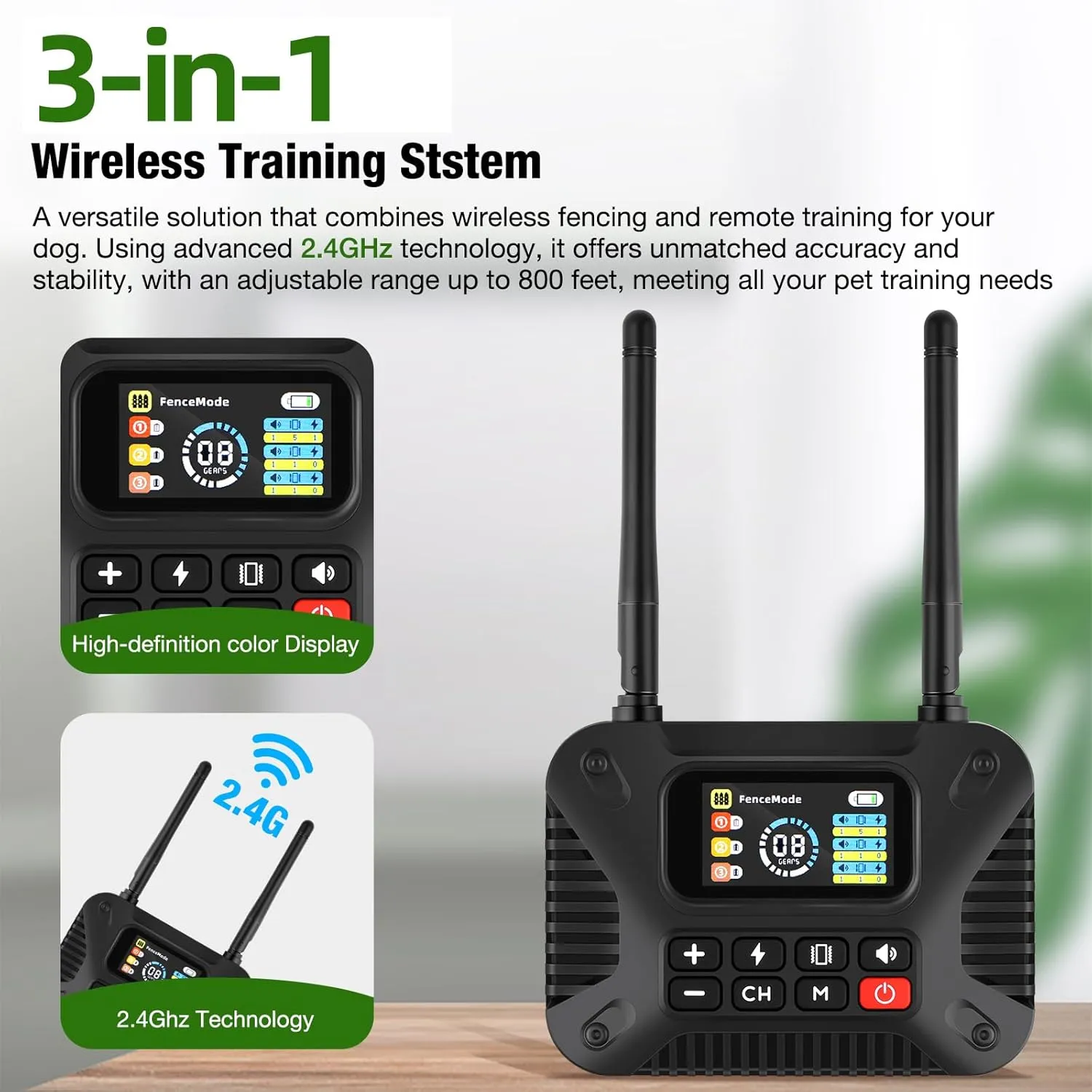 Wireless Dog Fence 2.4GHz Electric Fence for Dogs Wireless Fence for Dogs Portable Electric Dog Fence with Waterproof and Rechargeable Dog Training Collar (1 Controller & 3 Collar)