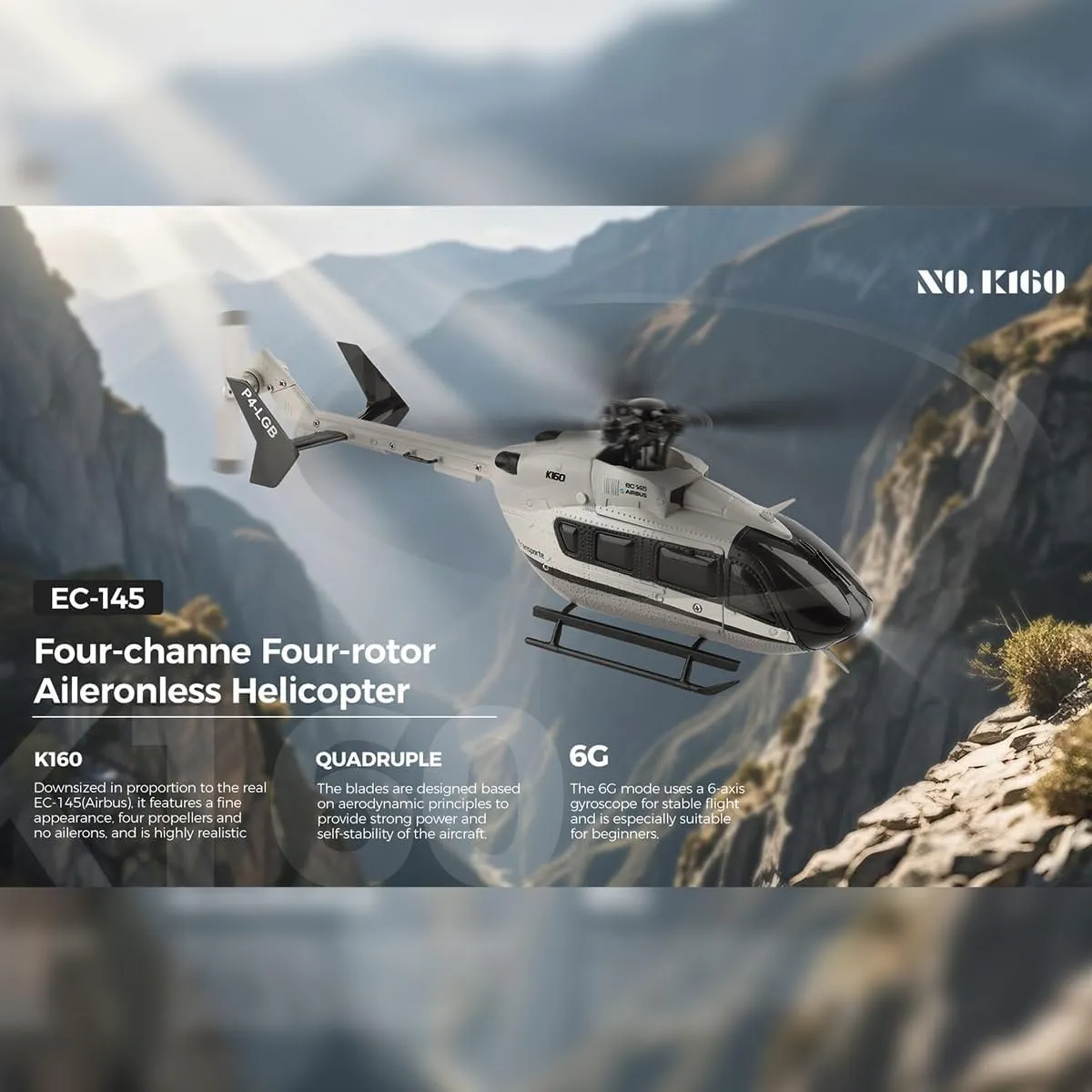WL K160 EC-145 RC Helicopter, 160-Class 2.4G 4CH Remote Control Helicopter Military 4-Propeller Flybarless 6-Axis Gyro RC Aircraft with Barometric Altitude Hold, Toy Gift -RTF