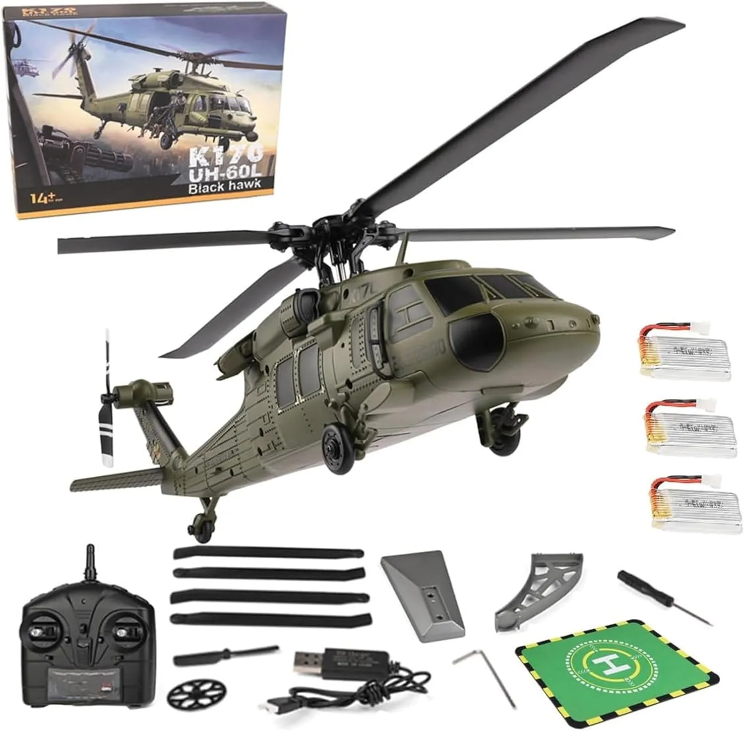 WL K170 Black Hawk RC Helicopter, 2.4G 4CH Flybarless 6-Axis Gyroscope Altitude Hovering RC Military Helicopter with Display Stand and Apron Takeoff Landing Pads (Three Batteries)