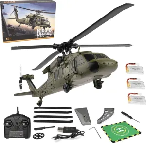 WL K170 Black Hawk RC Helicopter, 2.4G 4CH Flybarless 6-Axis Gyroscope Altitude Hovering RC Military Helicopter with Display Stand and Apron Takeoff Landing Pads (Three Batteries)