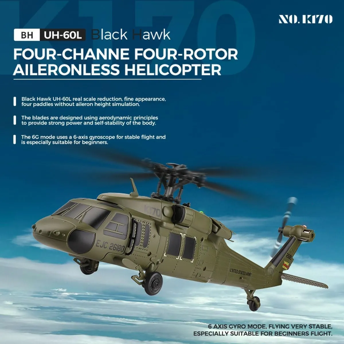 WL K170 Black Hawk RC Helicopter, 2.4G 4CH Flybarless 6-Axis Gyroscope Altitude Hovering RC Military Helicopter with Display Stand and Apron Takeoff Landing Pads (Three Batteries)