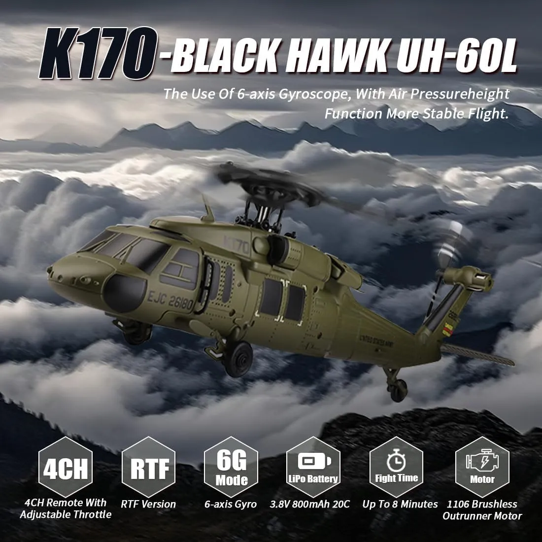WL K170 RC Helicopter Model, Black Hawk UH-60L 170 Size 4CH Flybarless Helicopter with Adjustable Left and Right Hand Throttle (RTF Version)