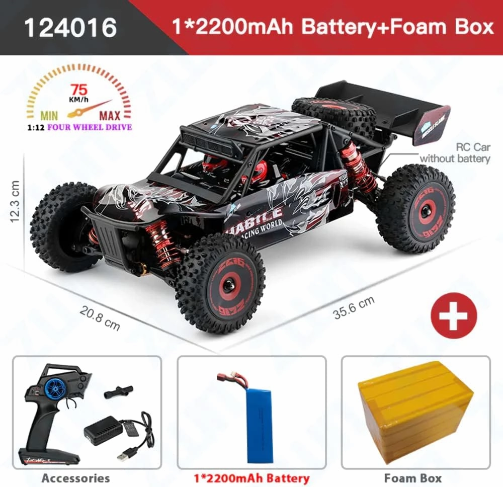 WLtoys 124017 124019 V2 75KM/H 2.4G RC Car Brushless 4WD Electric High Speed Off-Road Drift Remote Control Toys for Children 124016 1B 2200mAh