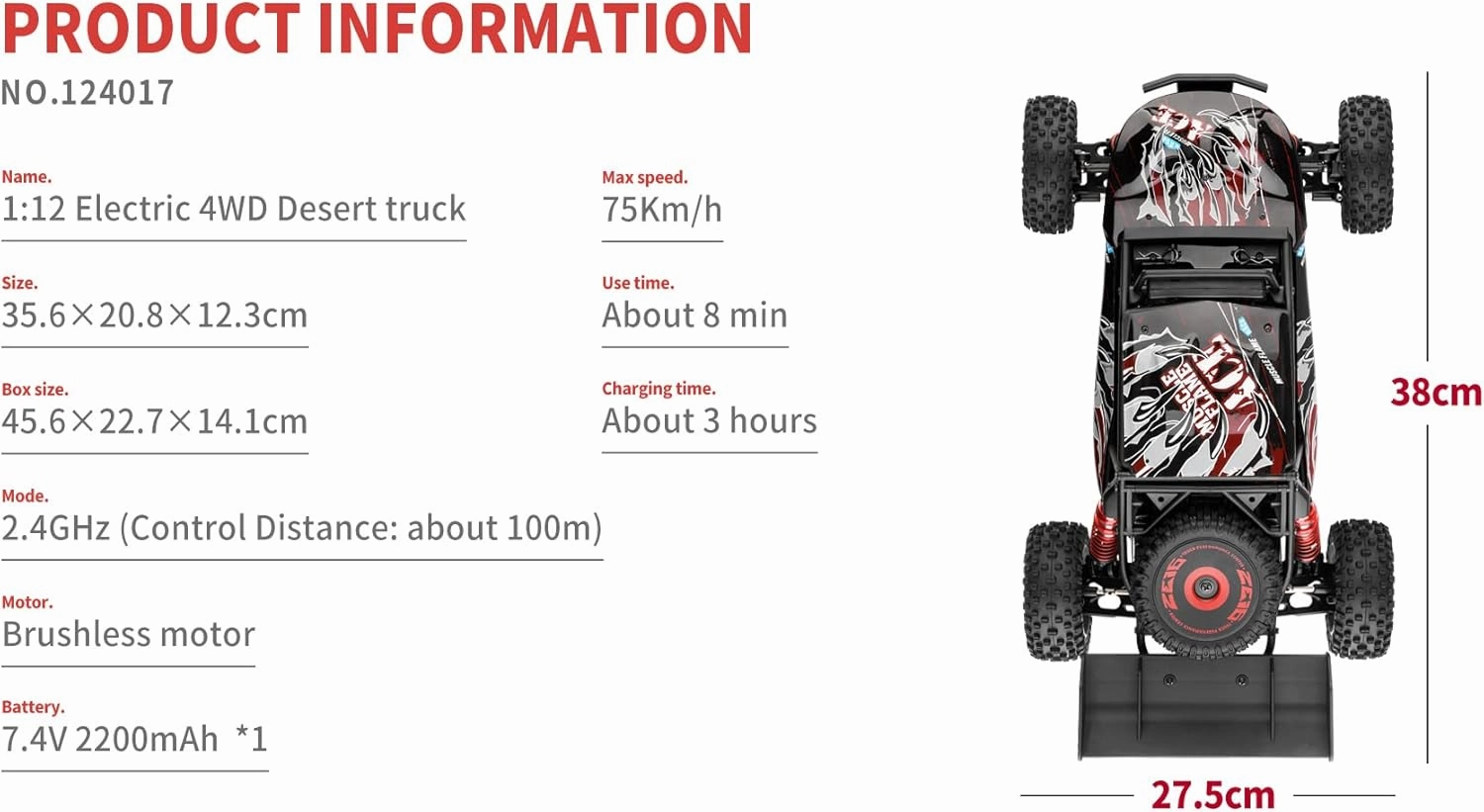 WLtoys 124017 124019 V2 75KM/H 2.4G RC Car Brushless 4WD Electric High Speed Off-Road Drift Remote Control Toys for Children 124016 1B 2200mAh