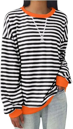 Women Fall Sweatshirts Fashion Striped Print Pullover Long Sleeve Lightweight Loose Casual Sweatshirt