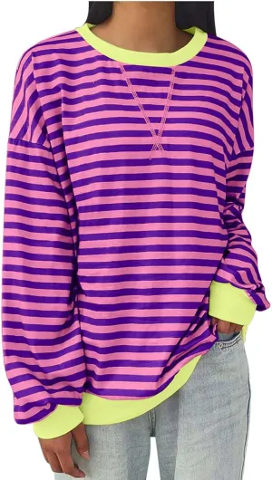 Women Fall Sweatshirts Fashion Striped Print Pullover Long Sleeve Lightweight Loose Casual Sweatshirt