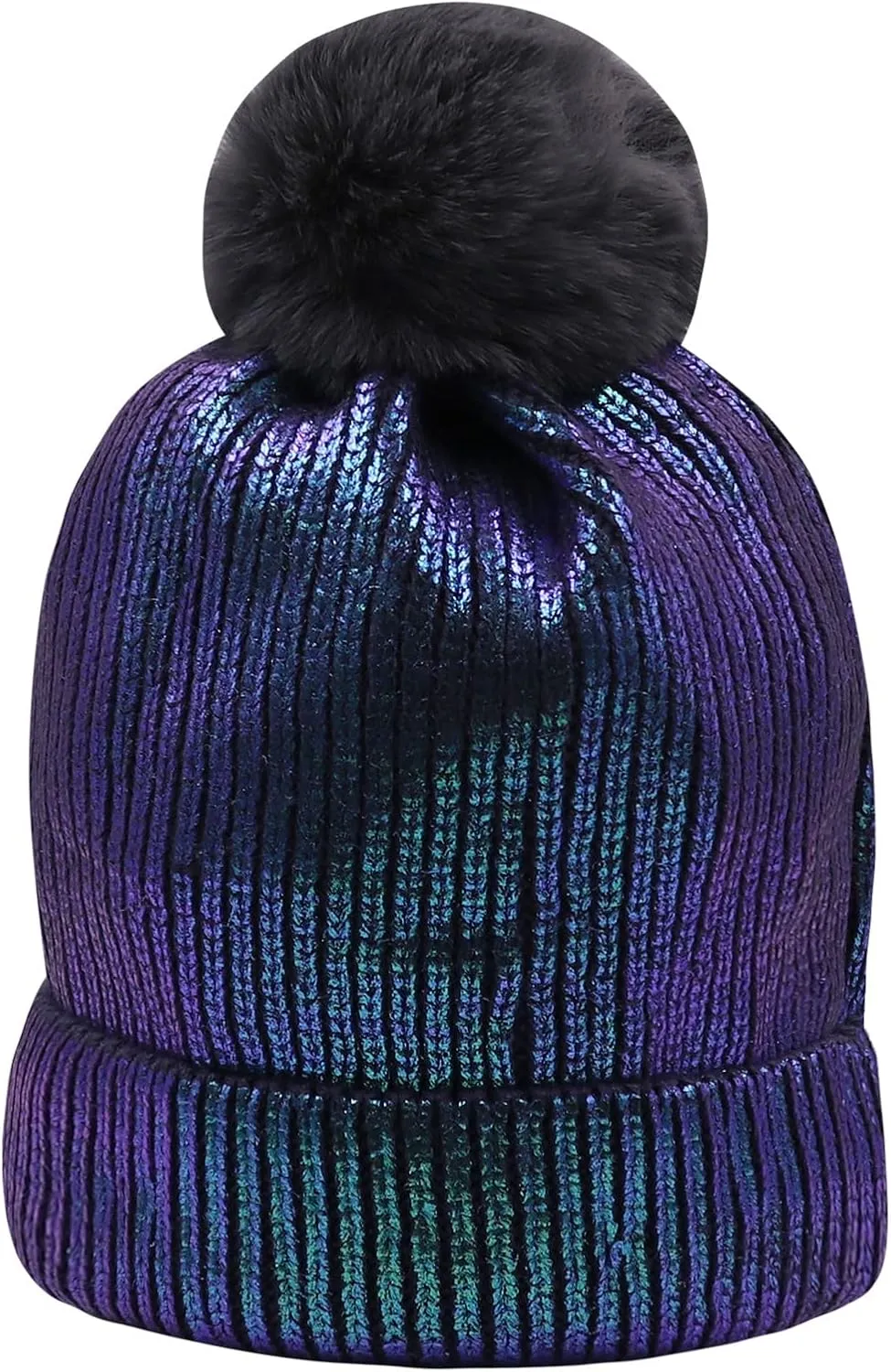 Women Girls Metallic Winter Hat Soft Warm Knitted Beanie Pom Pom Skull Cap