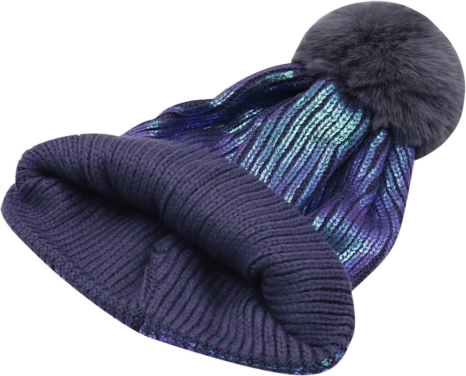 Women Girls Metallic Winter Hat Soft Warm Knitted Beanie Pom Pom Skull Cap