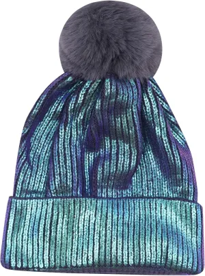 Women Girls Metallic Winter Hat Soft Warm Knitted Beanie Pom Pom Skull Cap