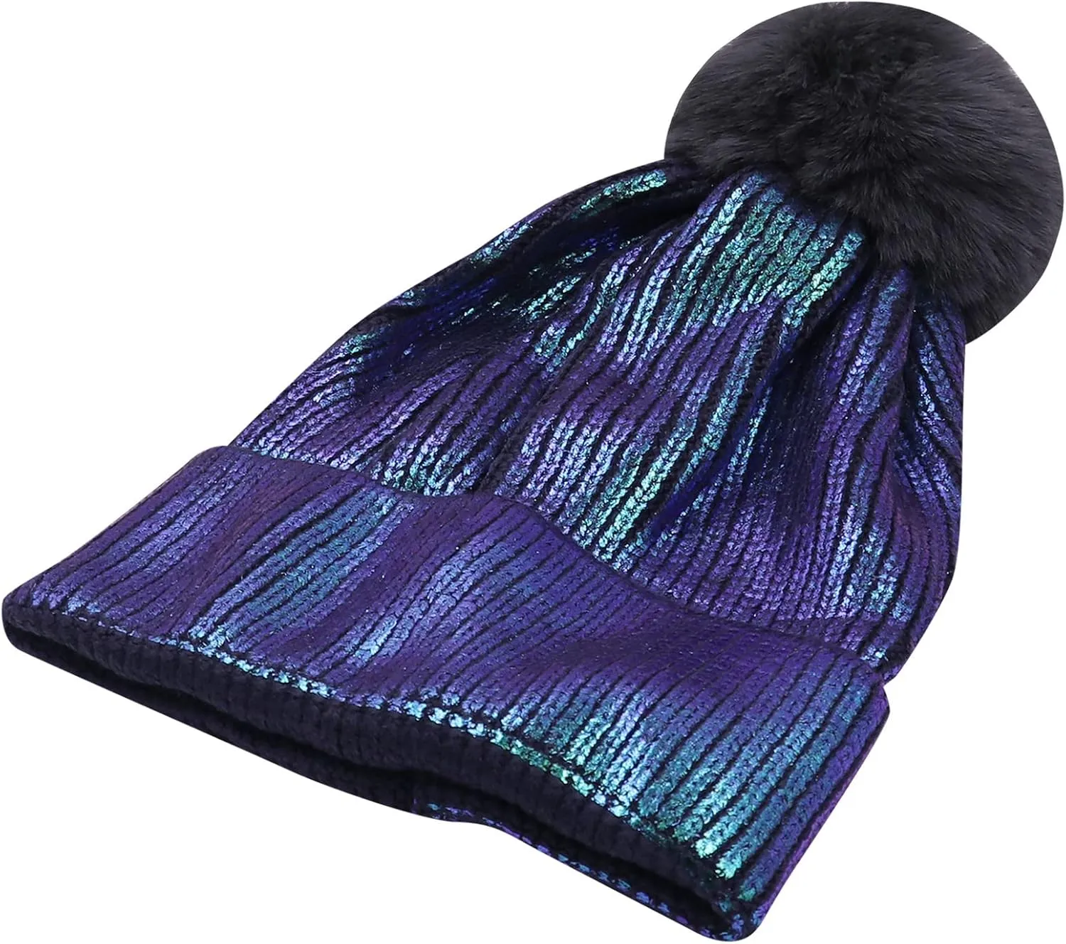 Women Girls Metallic Winter Hat Soft Warm Knitted Beanie Pom Pom Skull Cap