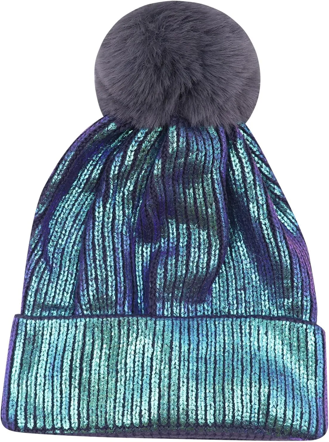 Women Girls Metallic Winter Hat Soft Warm Knitted Beanie Pom Pom Skull Cap