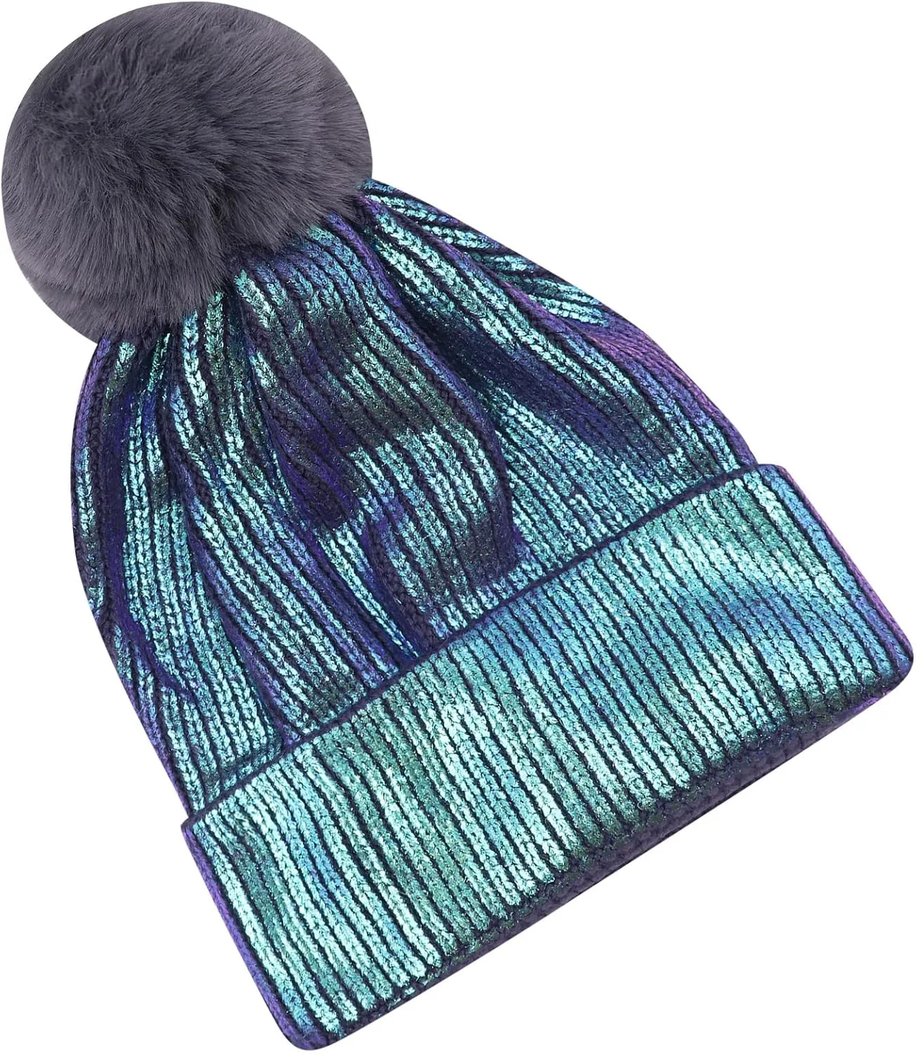 Women Girls Metallic Winter Hat Soft Warm Knitted Beanie Pom Pom Skull Cap
