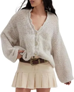 Women Lightweight Cardigan Sweater V Neck Lantern Sleeve Knit Tops Open Front Outerwear Coats with Pockets
