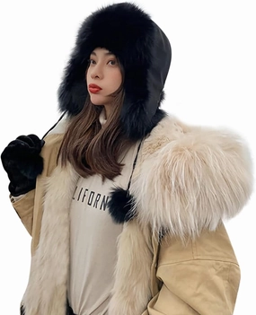 Women Fashion Trapper Hat Girl Winter Skiing Hat Ear-Flap Faux Fur Warm Aviator Hat Windproof Russia Hooded with Furry Ball