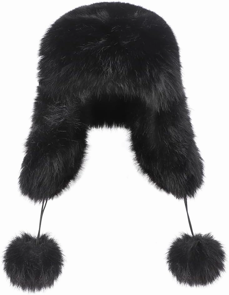 Women Fashion Trapper Hat Girl Winter Skiing Hat Ear-Flap Faux Fur Warm Aviator Hat Windproof Russia Hooded with Furry Ball