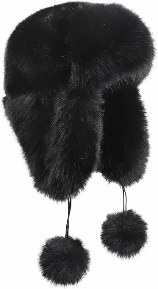 Women Fashion Trapper Hat Girl Winter Skiing Hat Ear-Flap Faux Fur Warm Aviator Hat Windproof Russia Hooded with Furry Ball