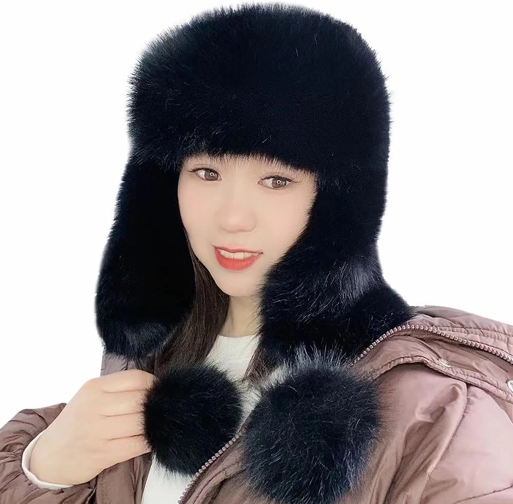 Women Fashion Trapper Hat Girl Winter Skiing Hat Ear-Flap Faux Fur Warm Aviator Hat Windproof Russia Hooded with Furry Ball