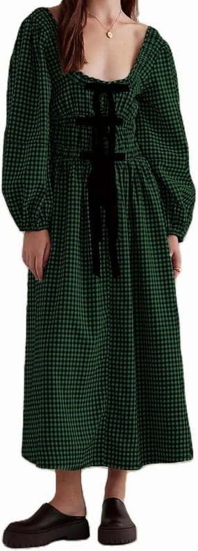 Women Plaid Long Dress Lantern Sleeve Square Neck Maxi Dress with Bow Tie Cottagecore Flowy Fall Dresses