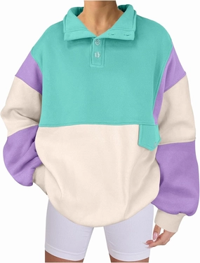 Women's Button Oversized Sweatshirt Pullover Color Block Hoodies Long Sleeve 2024 Fall Fashion Sweaters