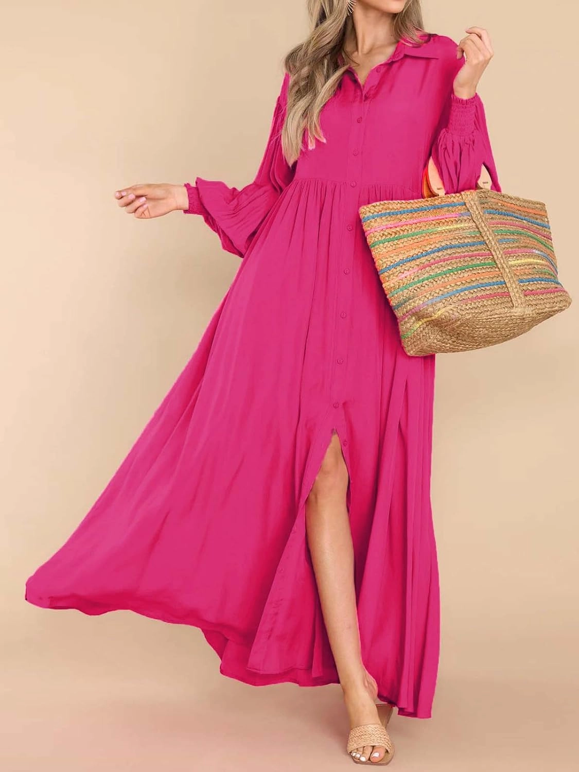 Women's Casual Pleated Long Dress Button Down Loose Fit Boho Beach Sun Dresses