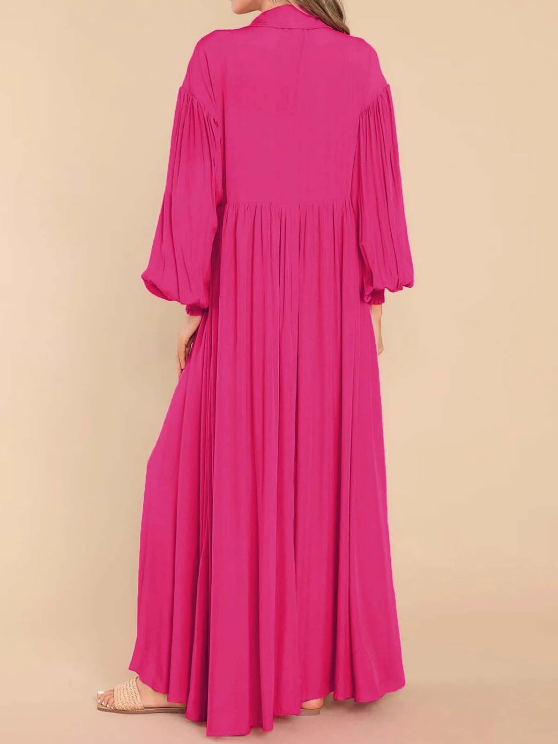 Women's Casual Pleated Long Dress Button Down Loose Fit Boho Beach Sun Dresses