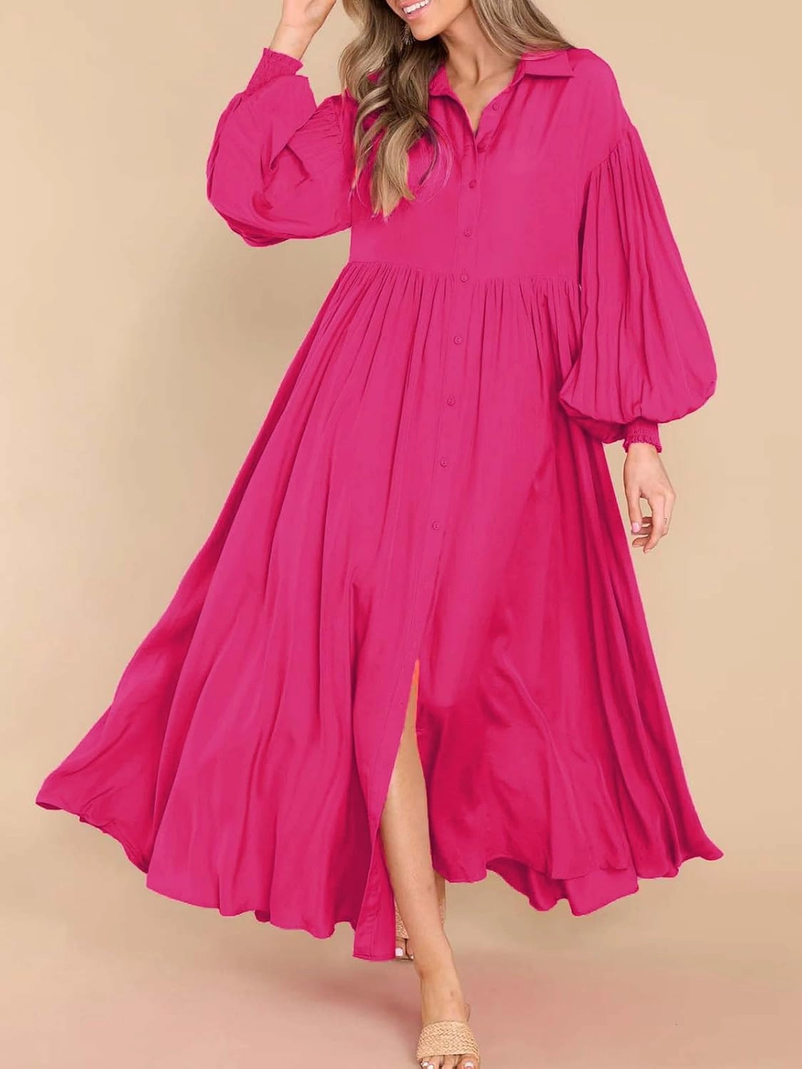 Women's Casual Pleated Long Dress Button Down Loose Fit Boho Beach Sun Dresses