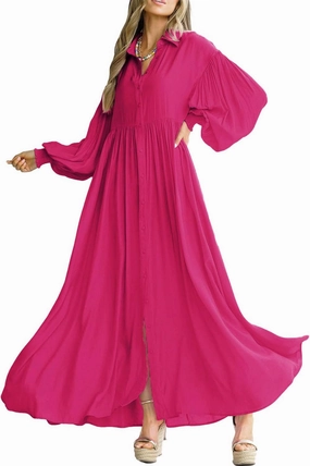Women's Casual Pleated Long Dress Button Down Loose Fit Boho Beach Sun Dresses