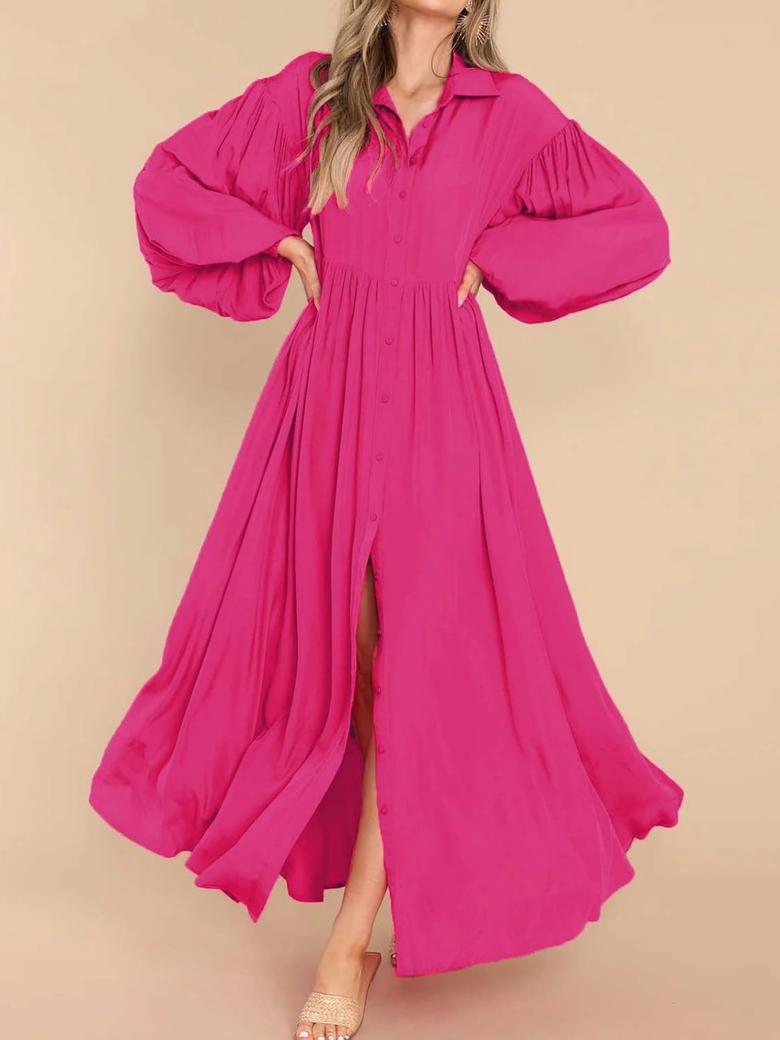 Women's Casual Pleated Long Dress Button Down Loose Fit Boho Beach Sun Dresses